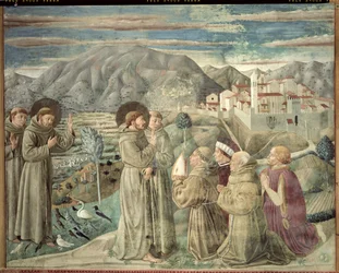Saint François prêchant aux oiseaux et bénissant Montefalco, 1452