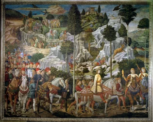 Le Voyage des Mages. Cortège des Mages de Jérusalem à Bethléem appelé « Viaggio dei Magi » ou « Cavalcata dei Magi » en italien. Détail du paysage. Fresque du mur est de la Chapelle des Mages de Benozzo Gozzoli (1421-1497)