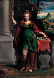 Sainte Lucie de Syracuse (début du IVe siècle) tenant un plateau avec deux yeux - Peinture de Benvenuto Tisi da Garofalo (Il Garofalo) (1481-1559), 63 x 44 cm