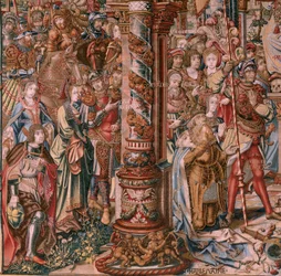 Tapisserie flamande. Série Les Honneurs. La Foi. Première tapisserie de la série. Modèle de la cour de Bernard van Orley et Jan Gossaert (Mabuse). Manufacture Pieter van Aelst, Bruxelles. Ca 1550