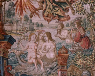 Tapisserie flamande. Série Les Honneurs. La Renommée. Troisième tapisserie de la série. Modèle de la cour de Bernard van Orley et Jan Gossaert (Mabuse). Manufacture Pieter van Aelst, Bruxelles. Ca 1550