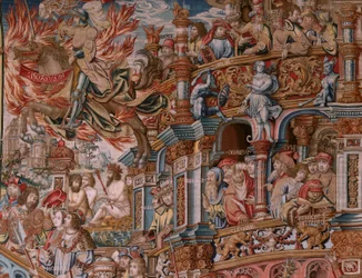Tapisserie flamande. Série Les Honneurs. Renommée. Troisième tapisserie de la série. Modèle Cercle de Bernard van Orley et Jan Gossaert (Mabuse). Manufacture Pieter van Aelst, Bruxelles. Vers 1550. Tissu Or, argent, soie et laine.