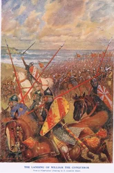 Le débarquement de Guillaume le Conquérant (lithographie couleur)