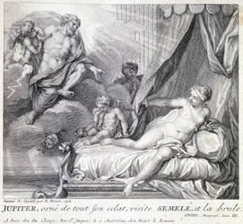 Jupiter (Zeus) brûle Sémélé avec sa foudre. Gravure du 18e siècle d