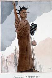 Caricature de Franklin Roosevelt en Statue de la Liberté - Illustration de Bernard Becan (Bernhard Kahn) (1890-1943) dans "Fantasio" du 01/12/1932