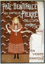 Publicité pour le dentifrice du Dr Pierre représentant une fille dans une salle de bain avec une brosse à dents à la main