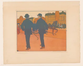 Deux hommes marchant avec un chapeau melon