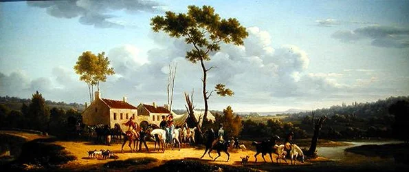 Voyageurs à cheval dans un paysage