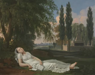 Femme dormant dans un paysage avec une lettre
