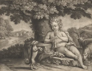 Garçon berger jouant de la flûte à un chien
