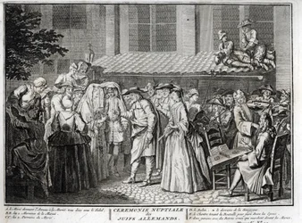 Mariage juif dans la communauté juive allemande Gravure de « Illustration des cérémonies et coutumes religieuses de tous les peuples du monde » par Bernard Picart (1723-1743) 1819 Collection privée