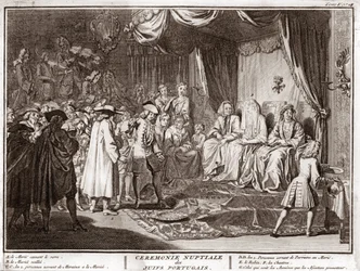 Mariage juif dans la communauté juive portugaise Gravure de « Illustration des cérémonies et coutumes religieuses de tous les peuples du monde » par Bernard Picart (1723-1743) 1819 Collection privée