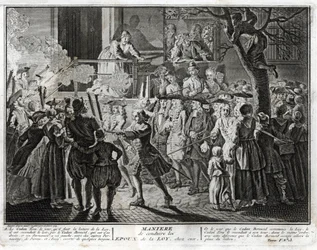 Judaïsme : la manière de conduire les époux de la Loi à la maison - une représentation de la procession par laquelle la communauté honorait, lors de la fête de Simhat Torah, ceux qui avaient été choisis, l