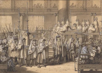 Procession avec des branches de palmier pendant la fête des Tabernacles dans la synagogue portugaise d