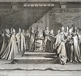 Inauguration solennelle du pontificat « Représentation de la couronnement du pape » Gravure de « Illustration des cérémonies et coutumes religieuses de tous les peuples du monde » par Bernard Picart (1723-1743)