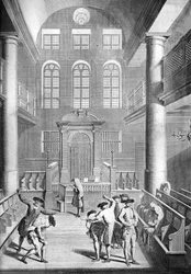 « La pénitence des Juifs allemands dans leur synagogue », flagellation à Yom Kippour, le jour du Grand Pardon - La scène se déroule probablement à Amsterdam, dans une synagogue ashkénaze