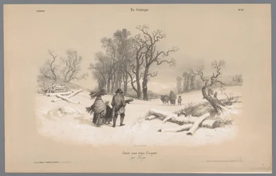 Famille ramassant du bois dans la neige