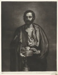Philosophe mendiant avec bol en bois et bouteille de vin