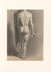 Homme nu avec épée et bouclier, vu de dos