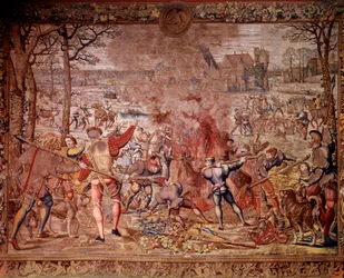 Les chasses de Maximilien appelées « Belles chasses de Guise » : le mois de janvier, Verseau, chasse au sanglier, flambée, curée - Tapisserie réalisée dans les ateliers flamands par Bernard van Orley