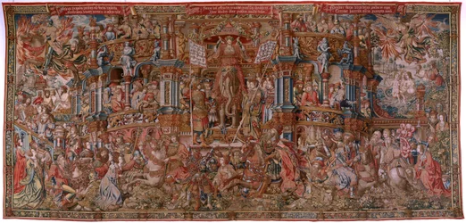Tapisserie flamande. Série Les Honneurs. La Renommée (La Fama). Troisième tapisserie de la série. Modèle Cartonnistes du cercle de Bernard van Orley et Jan Gossaert (Mabuse). Manufacture Pieter van Aelst, Bruxelles. Vers 1550. Tissu Or, argent, soie et lai