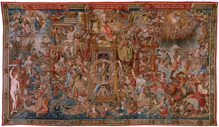 Tapisserie flamande. Série Les Honneurs. La Fortune, Le chemin des Honneurs. Cinquième tapisserie de la série. Modèle Dessinateurs du cercle de Bernard van Orley et Jan Gossaert de Mabuse. Manufacture Pieter van Aelst, Bruxelles.