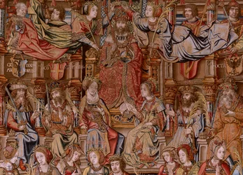 Tapisserie flamande. Série Les Honneurs. Honneur. Deuxième tapisserie de la série. Modèle Cercle de Bernard van Orley et Jan Gossaert (Mabuse). Manufacture Pieter van Aelst, Bruxelles. Vers 1550. Tissu Or, argent, soie et laine.