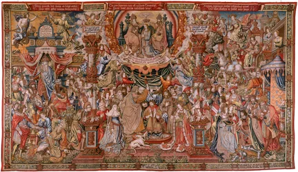 Tapisserie flamande. Série Les Honneurs. Noblesse. Quatrième tapisserie de la série. Modèle Cercle de Bernard van Orley et Jan Gossaert (Mabuse). Manufacture Pieter van Aelst, Bruxelles. Vers 1550. Tissu Or, argent, soie et laine.