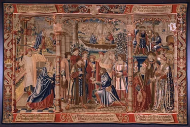 Tapisserie flamande. Série La Légende de la Madone du Sablon. La statue de la Madone est apportée à l