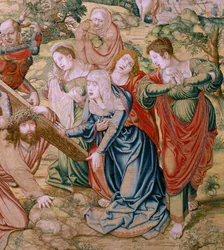 Tapisserie flamande. Série La Passion du Christ. Chute sur le chemin du Calvaire. Deuxième tapisserie de la série. Modèles du dessinateur Bernard van Orley. Manufacture Pieter de Pannemaker, Bruxelles. Ca 1518-1523. Tissu Or, argent,