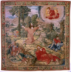 Tapisserie flamande. Série Épisodes de la vie de la Vierge ; Présentation au Temple (Presentación en el Templo). Deuxième tapisserie de la série. Modèles attribués à Jan van Roome (ou van Brussel). Manufacture Pieter van Aelst, Bruxelles. Vers 1502-1504.