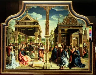 Retable de Saint Thomas et Saint Matthieu, panneau central du triptyque représentant des scènes de la vie des deux saints, y compris le martyre de Saint Thomas, c.1515
