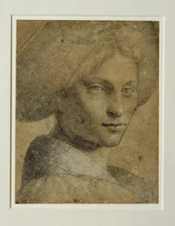 Portrait de femme portant un turban, de trois quarts a droite …