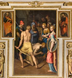Chapelle de Notre-Dame du Peuple, Deuxième travée côté nord, Bernardino Campi, Décollation du Baptiste 1569, Sur les côtés Saint Pierre et Saint Paul 1520-30