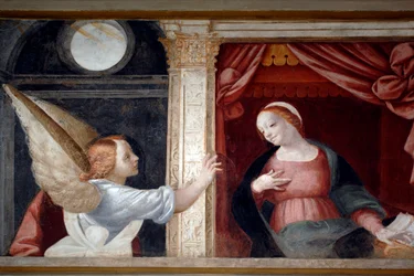 Annonciation, détail du Cycle de la Vierge (1553), fresque de Bernardino Lanino (1512-1583), sacristie inférieure de la cathédrale de Novara, Piémont, Italie