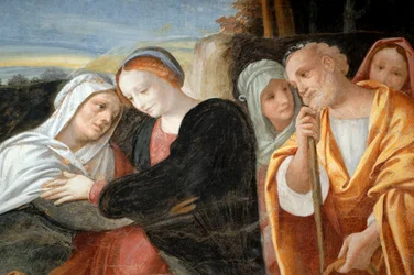Marie avec Sainte Anne et Saint Joachim, détail du Cycle de la Vierge (1553), fresque de Bernardino Lanino (1512-1583), sacristie inférieure de la cathédrale de Novara, Piémont, Italie