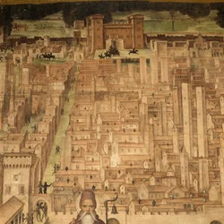 Saint Antoine et vue de Pavie, détail du cycle des Histoires de Saint Théodore, fresques de Bernardino Lanzani (vers 1460-1530), Église de Saint Théodore, Pavie, Lombardie, Italie