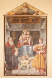 Madone et Enfant, Saint Antoine le Grand, Sainte Barbe et ange musicien