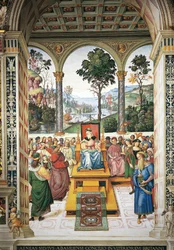 Italie, Sienne, Cathédrale, Bibliothèque Piccolomini, Enea Silvio Piccolomini prononçant un discours devant le roi Jacques Ier d