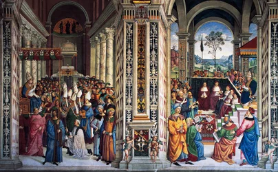 Pie II arrivant à Ancône pour commencer la croisade (16e siècle), fresque de Pinturicchio (1452-1513), Bibliothèque Piccolomini, Cathédrale de Sienne, Toscane, Italie