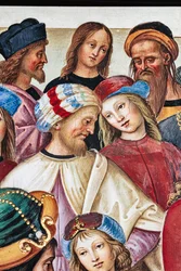 Bibliothèque Piccolomini, mur nord-est : Énée Sylvius prononce un discours devant le roi Jacques Ier d