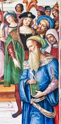 Bibliothèque Piccolomini, mur nord-est : « Énée Sylvius prononce une oraison devant le roi Jacques Ier d