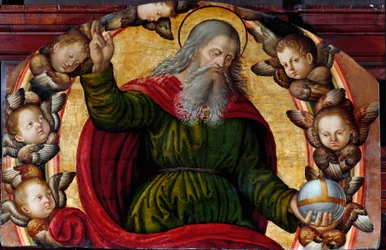 Le Père éternel (Dieu) et les chérubins. Dieu a les doigts de la main droite levés en signe de bénédiction, il tient un globe dans la main gauche. Peinture de l