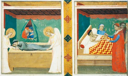 Prédelle de la Sacra Cintola (Ceinture Sacrée), par Bernardo Daddi (1290-1348), détail avec deux carreaux