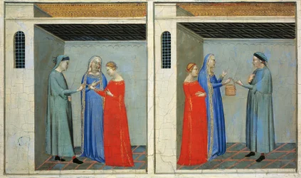 Prédelle avec Histoires de la Sacra Cintola : mariage de Michel recevant la dot de la Sacra Cintola, par Bernardo Daddi