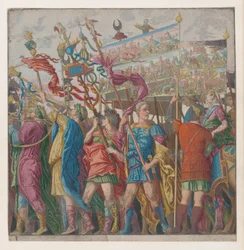 Feuille 1 : Soldats portant des bannières représentant les exploits militaires triomphants de Jules César, 1599