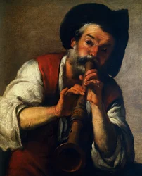 Joueur de cornemuse, par Bernardo Strozzi (1581-1644), huile sur toile, 73x61 cm. Italie