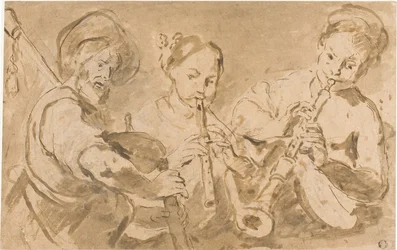 Trois musiciens jouant du cor et du pipeau