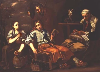 Une vieille femme brodant, un garçon lisant et une fille offrant une boisson à un vieil homme devant un cottage