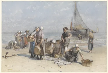 Femmes de pêcheurs sur la plage de Scheveningen
